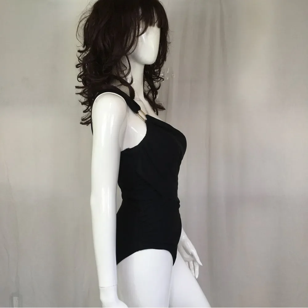 NEW SPANX Black Whittle Waistline Draped One Shoulder One Piece Swimsuit 10